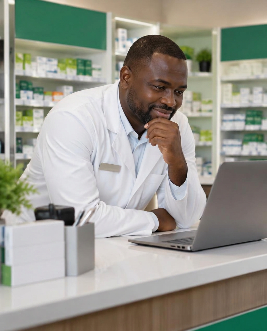 Pharmacien titulaire découvrant le logiciel sur un ordinateur au comptoir